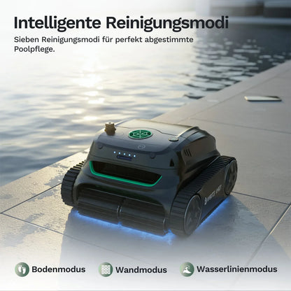 Poolroboter im Einsatz auf Steinboden, grüne LED am Deckel und Reinigungsfront beleuchtet