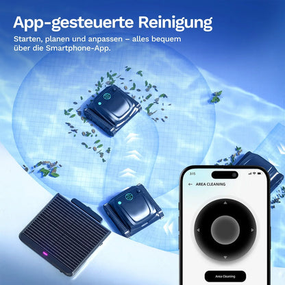 App-gesteuerter Poolroboter mit Solarpanel, Smartphone zeigt Bereichsreinigung