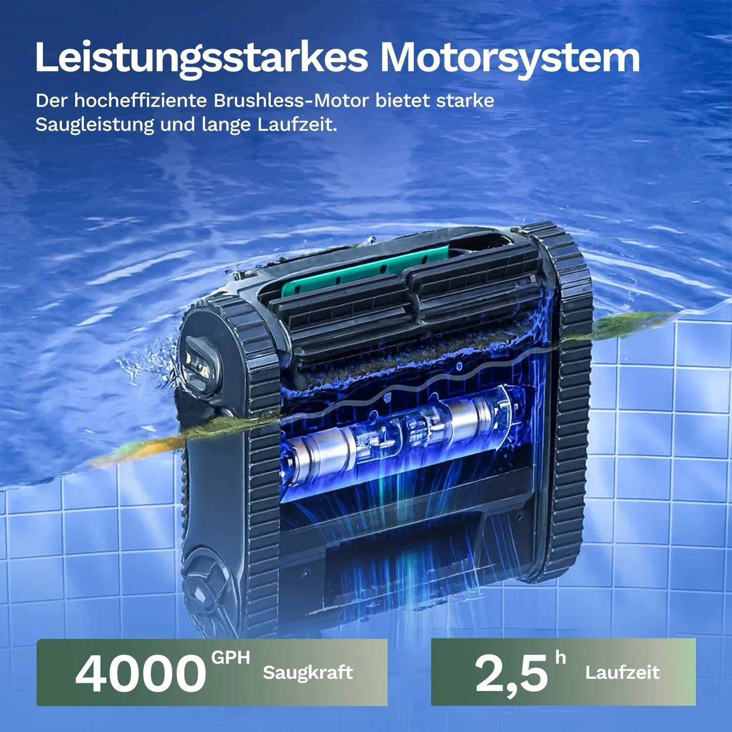 Poolroboter mit Motor-Ansicht: starke Saugkraft und Laufzeit im Bild