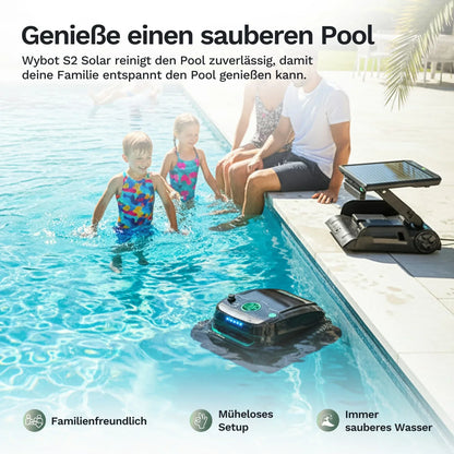 Wybot S2 Solar Poolroboter am Beckenrand, Solarpanel oben sichtbar