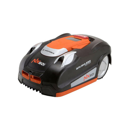Rasenroboter NX 60i, Frontansicht mit orangefarbenem Deckel und schwarzen Rädern