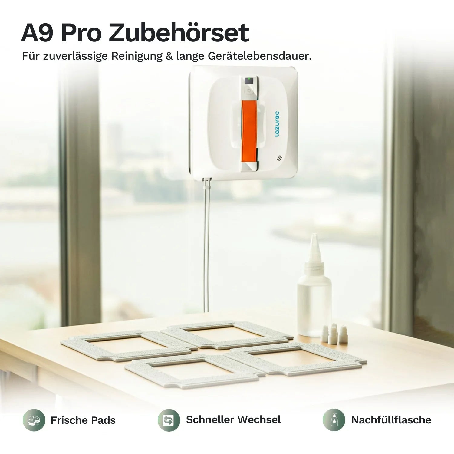 A9 Pro Zubehörset: graue Reinigungs-Pads, Nachfüllflasche und kleine Aufsätze
