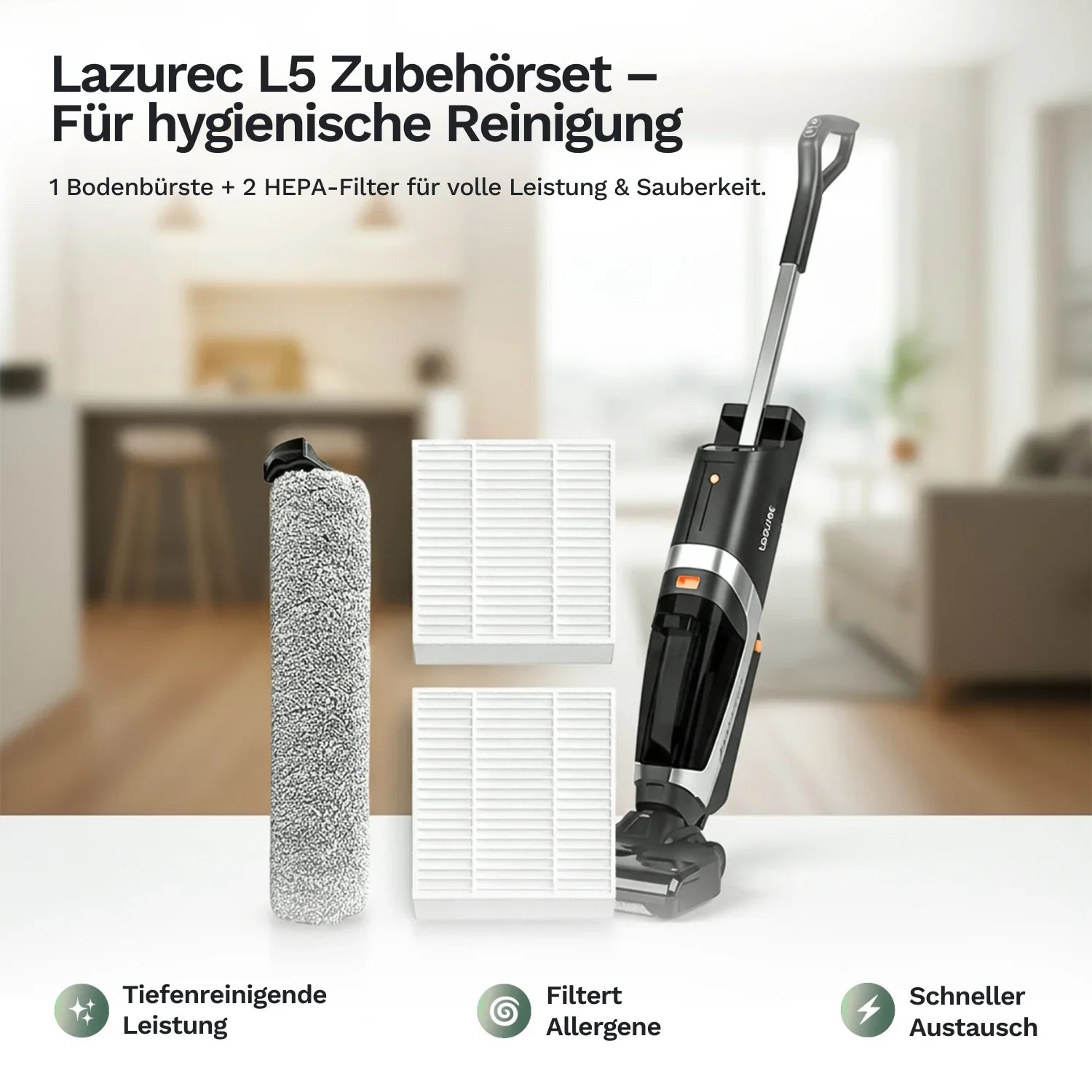 Zubehörset Lazurec L5: Bodenbürste und 2 HEPA-Filter, weiße Lamellen